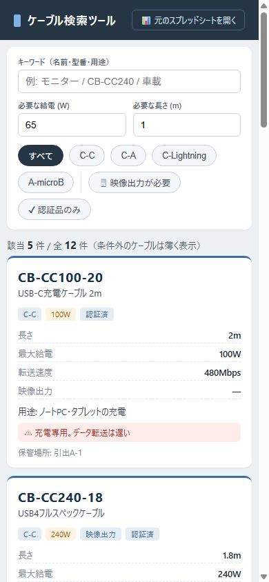 スマホ幅で表示したUSBケーブル検索ツール